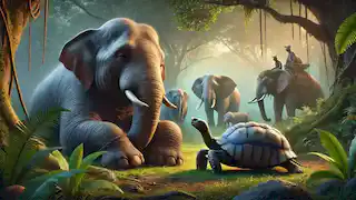 The Elephant and Tortoise sit side by side in harmony, jungle animals respecting the peaceful resolution of their contest.