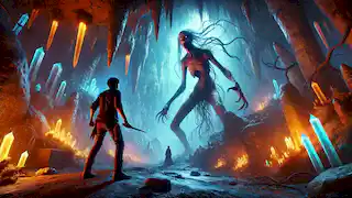 Mateo confronts the Tunda in a glowing cavern, holding his knife with determination.