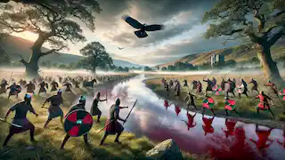 A fierce battle scene along the River Boyne, warriors clashing with swords as a raven circles ominously overhead.