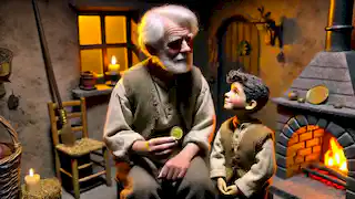 An elderly Seamus sitting by the hearth, holding a golden coin, with Fergal standing beside him.