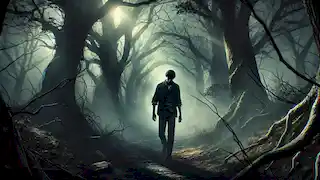 Fletcher walking through a dark, misty forest with thick trees and a tense expression on his face.