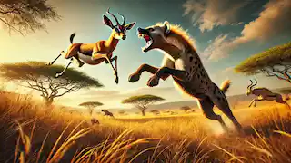 Jabari the hyena lunges at Kito the gazelle, who leaps away just in time to avoid his snapping jaws on the savanna.