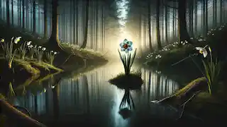 A single narcissus flower blooms by the calm pool in the forest at dawn, with Echo's presence felt in the distance.