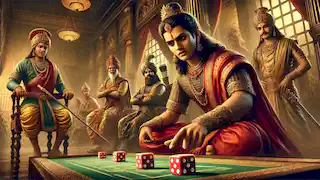 Yudhishthira loses the dice game in a lavish court, with Shakuni smiling slyly and Duryodhana observing confidently.