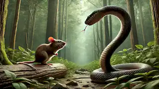 A coiled snake flicks its tongue, staring at the mouse in a dense forest with light filtering through the trees.