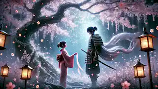 A young girl and a samurai meet under a glowing cherry blossom tree, holding a silk ribbon.