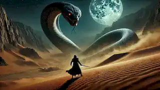 Bahram faces a massive serpent emerging from the desert sands under the eerie glow of the moon.