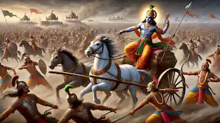 Arjuna fights in the battle of Kurukshetra with detachment, while Krishna guides his chariot through the chaos of war.