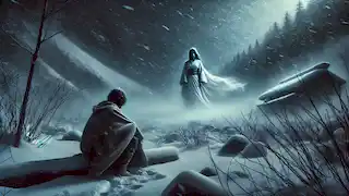 Sato, a young traveler, gazes at Yuki-onna standing at the edge of a snow-covered clearing during a snowstorm.