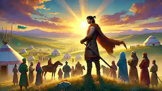 Zolgun stands atop a hill at sunrise, surrounded by villagers and warriors, overlooking the peaceful steppe.