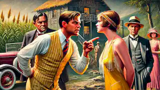 Tom Buchanan confronts Gatsby, challenging him in front of Daisy and Nick.