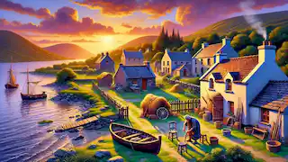 A small Irish village at dawn with Liam O’Gulliver preparing his boat for a journey. The scene is vibrant with detailed textures.