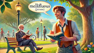 Jerome discovering the word 'mellifluous' from a gentleman in the park, writing it in his notebook.