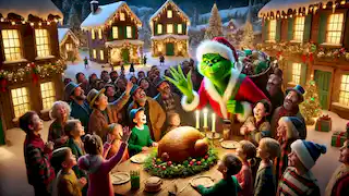 The Grinch returns to Whoville, carving the roast beast while surrounded by joyful, forgiving Whos.