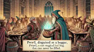 Pwyll, disguised as a beggar, outwits Gwawl with a magical bag in a grand hall filled with food and feasting guests.