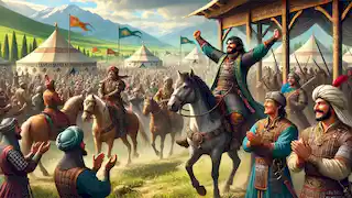 Salur Kazan and Bamsi Beyrek return triumphantly to the Oghuz camp on horseback.