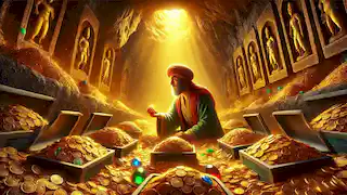 Reza gazes at golden coins and jewels in a rocky treasure chamber, selecting only a portion.