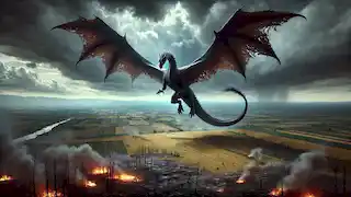 A massive dragon flying over a devastated landscape in Mazandaran, casting a shadow over the scorched land.