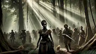 Queen Nzinga leading her people into the dense forests, preparing for guerrilla warfare against the Portuguese.