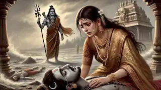 Parvati grieves over Ganesha's fallen body, while Shiva stands nearby, holding his trident in remorse.