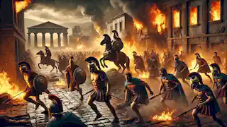 Greek soldiers attack the city of Troy amid flames and chaos, marking the fall of the city.