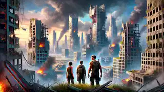 Tris and Four stand at the edge of a war-torn city, looking out at the devastation with determination to rebuild.