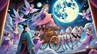 The celestial chariot taking Kaguya-hime back to the Moon, leaving the Emperor in sorrow