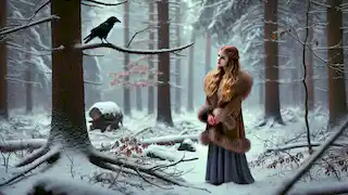 Deirdre in a snowy forest, gazing at a raven on a branch, wrapped in a fur-lined cloak.