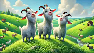 The three Billy Goats Gruff happily graze together on a green hillside under a clear blue sky