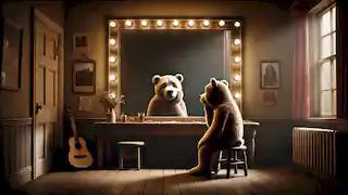 Bear sits alone in a dressing room after a concert, looking thoughtful.