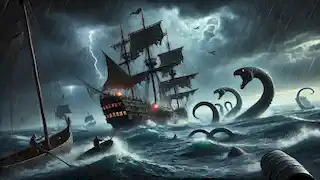 A lone ship battles the Kraken in stormy night seas, with lightning illuminating the chaos