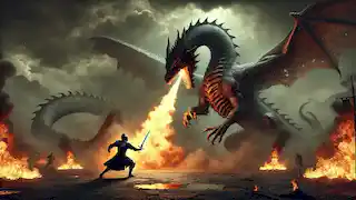  Esfandiyar dodges a fire-breathing dragon’s attack in a smoky valley during his third labor.