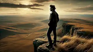 Ennis standing at the edge of a cliff on Brokeback Mountain, gazing out over the vast landscape.