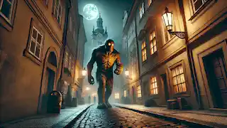 Joseph the Golem patrolling the Jewish Quarter of Prague at night.