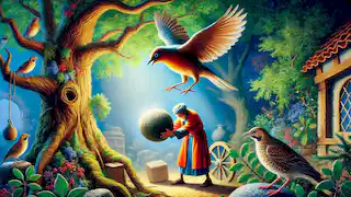 Bird delivering justice by dropping a millstone onto the stepmother's head beneath the juniper tree.