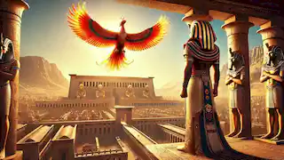 Pharaoh Ankhaten standing on his palace balcony, looking at the Phoenix soaring high above Thebes.