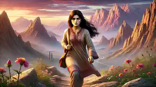 Anahita walks along a rugged mountain path, wearing traditional Persian attire with a satchel.