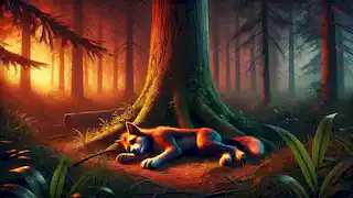 Max lies exhausted under a large tree in the forest, with the setting sun casting an orange glow over the scene.