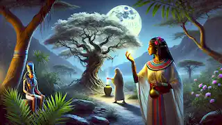 Nefret collects sap from a glowing tree under moonlight, guided by Sekhmet’s divine vision.