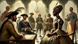 Queen Nzinga in diplomatic discussion with Dutch allies, in a grand hall adorned with African and European motifs.