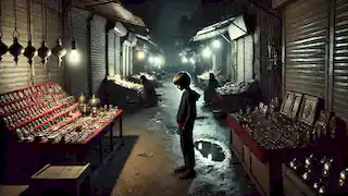 A boy walks through a half-deserted bazaar at night, surrounded by dimly lit stalls and few people.