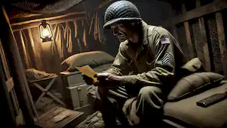 An American soldier sits in a dimly lit shelter, holding a letter and reflecting on his wartime experiences.