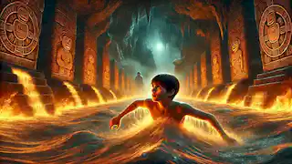 A young Mayan boy swims through a glowing river of fire in a cavern, illuminated by the flames and ancient glyphs.