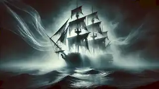 The Flying Dutchman sails through a thick fog, glowing with ghostly light, with spectral figures moving on deck.