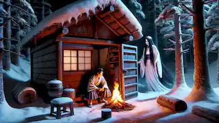  Minokichi awakens in a dimly lit hut, startled by Yuki-onna's ghostly figure in the doorway during a snowstorm.