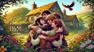 The seven brothers, now boys, embrace their sister joyfully outside their family home, surrounded by greenery.