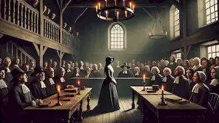 A woman stands trial for witchcraft in a candlelit courtroom as villagers and judges watch anxiously.