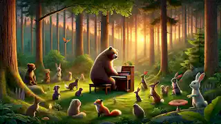 Bear plays the piano in the forest at dusk, surrounded by his animal friends.