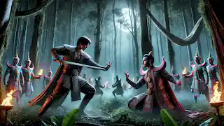 Khun Phaen and Khun Chang face off in a magical duel under the moonlight in a dense forest.