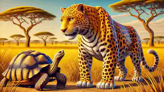 Leopard jeering at the slow-moving Tortoise in the middle of the savannah.